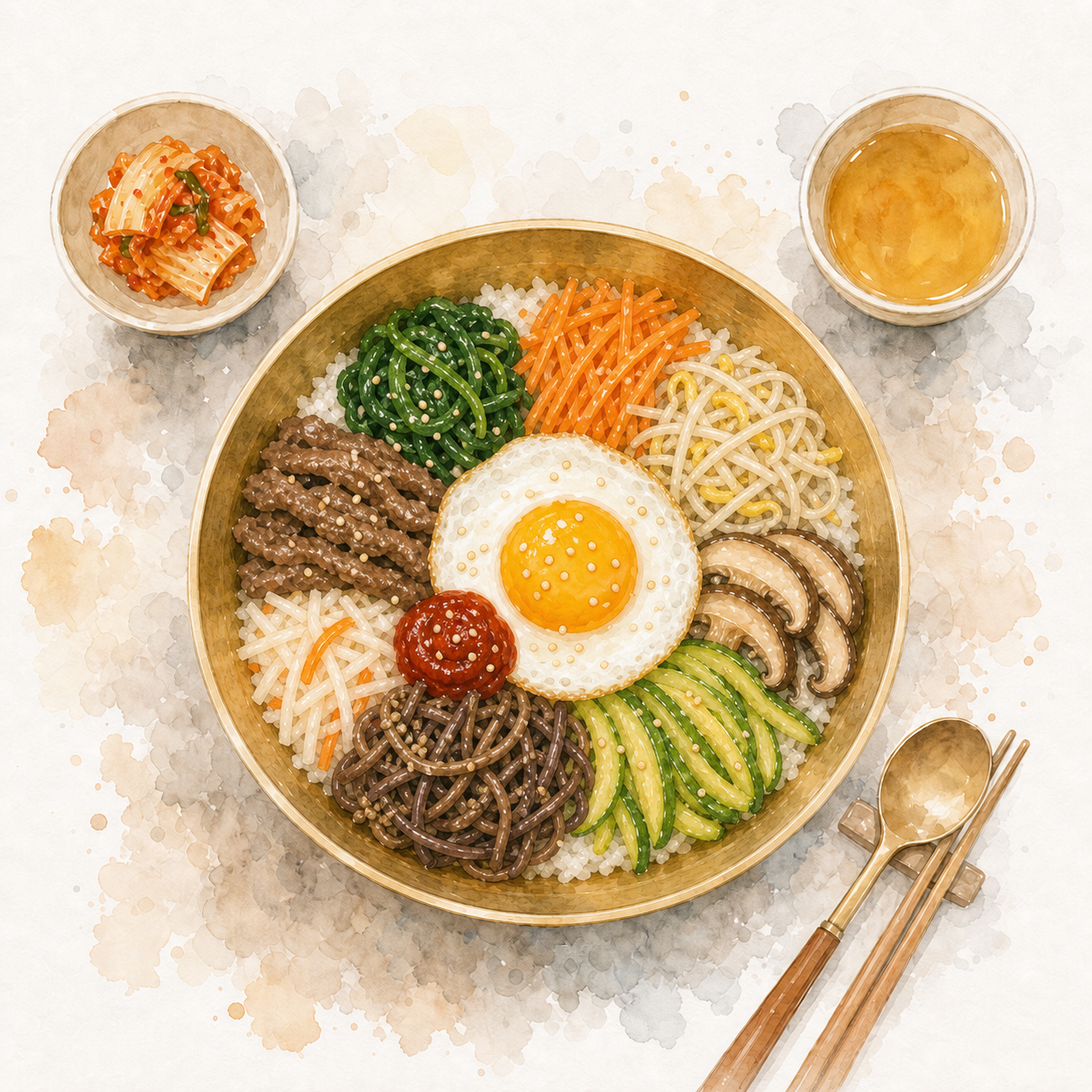 Bibimbap coreano en cuenco tradicional de latón