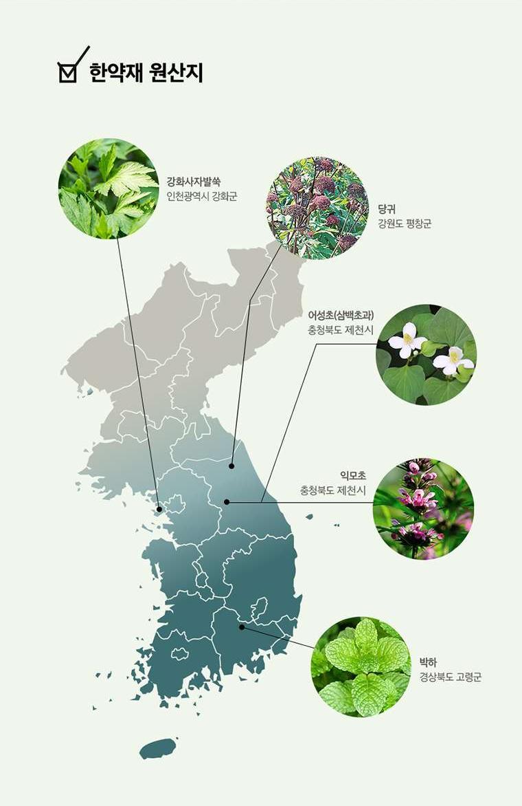 Mapa de Corea con las regiones de origen de los cinco ingredientes herbales